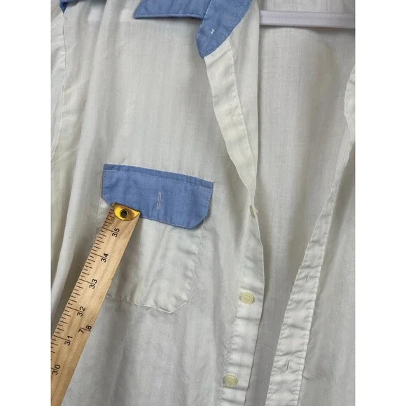Vintage Blair Shirt Mens Button Up SS Shoulder Tabs White Blue Pockets (Stained) - Picture 7 of 11